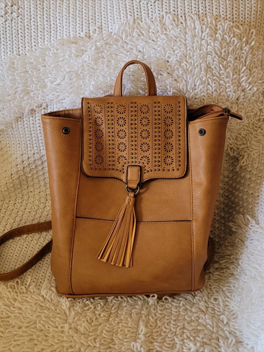 Boho Cognac Backpack Purse Cutout Tassel Studded Bag